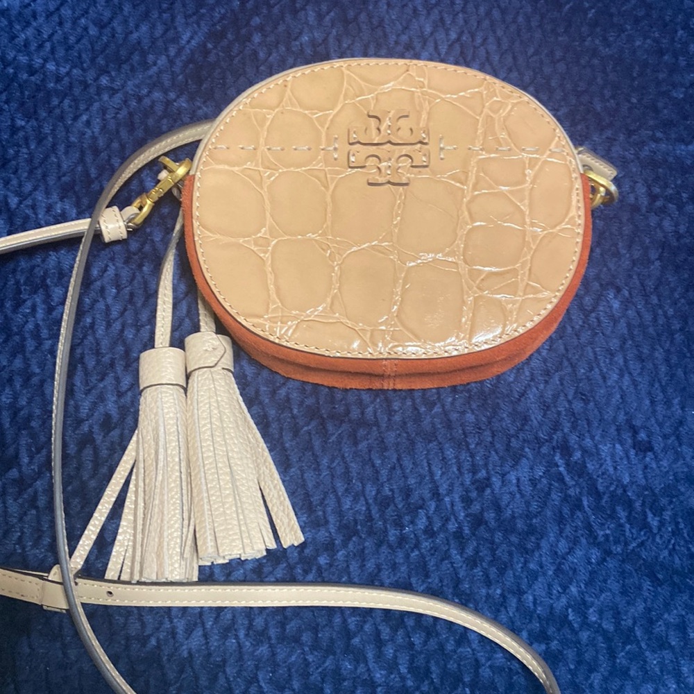 Tory Burch small crossbody with double tassels, gold hardware.